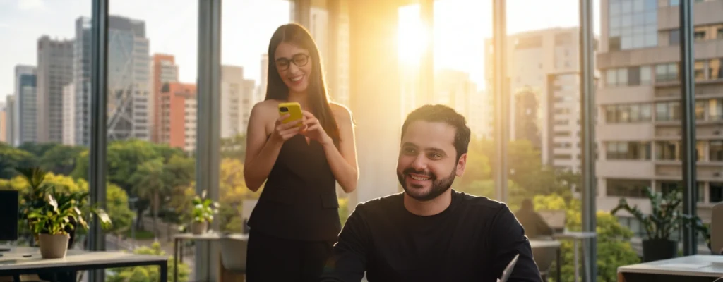 Eduardo Laranjeira e Aline Ferraz, sócios da Lous, trabalhando juntos