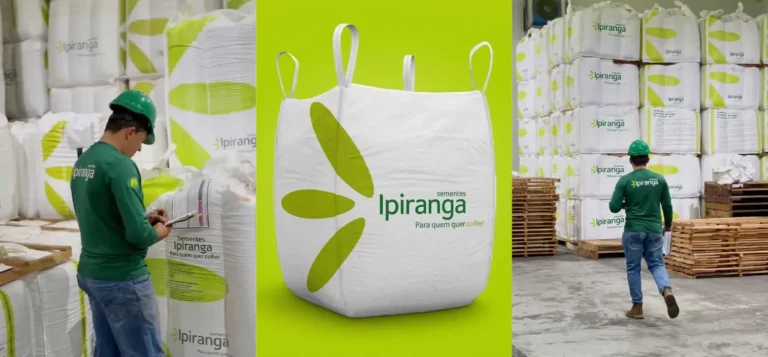 Marca Sementes Ipiranga aplicada em bags e uniformes no armazém